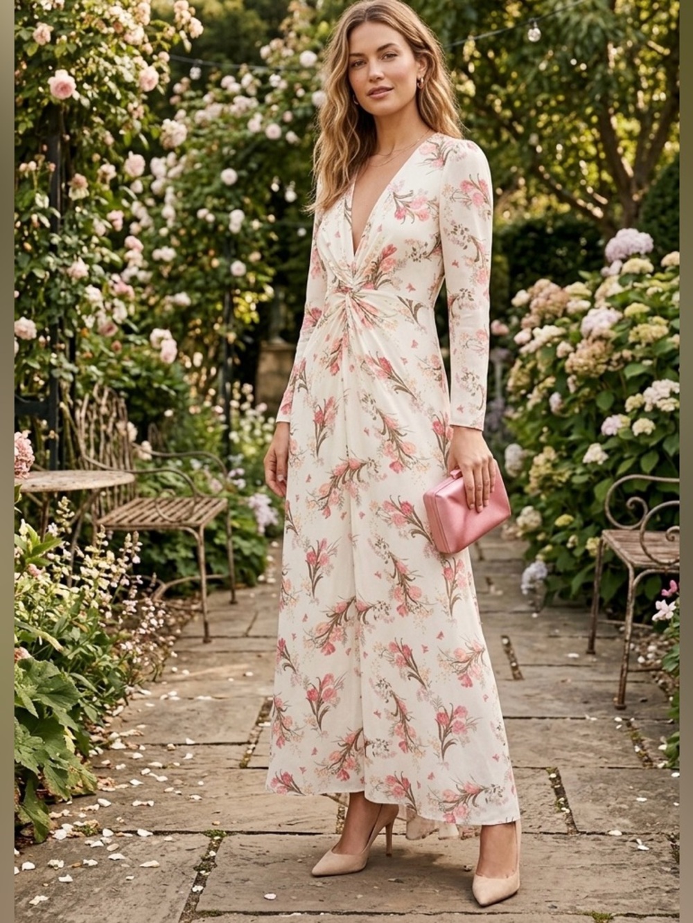 Reformation Gatsby Dress Cream Pink Floral Vneck Maxi Front Slit 2 Wedding Guest